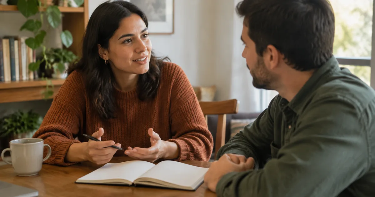 Imagen generada con IA: dos personas conversando en una mesa con un cuaderno abierto (escena ilustrativa con personas ficticias)