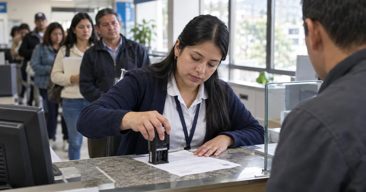 Imagen generada con IA: una funcionaria sella un documento en una ventanilla mientras una fila de personas espera detrás (escena ilustrativa con personas ficticias)