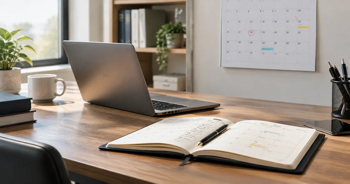 Calendario de escritorio con anotaciones y una alarma marcada