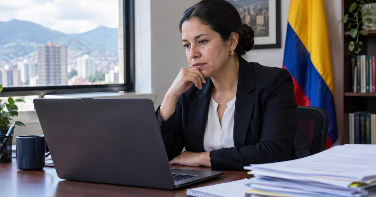 Imagen generada con IA: una mujer pensativa ante un portátil, con documentos apilados y una bandera de Colombia al fondo (escena ilustrativa con personas ficticias)