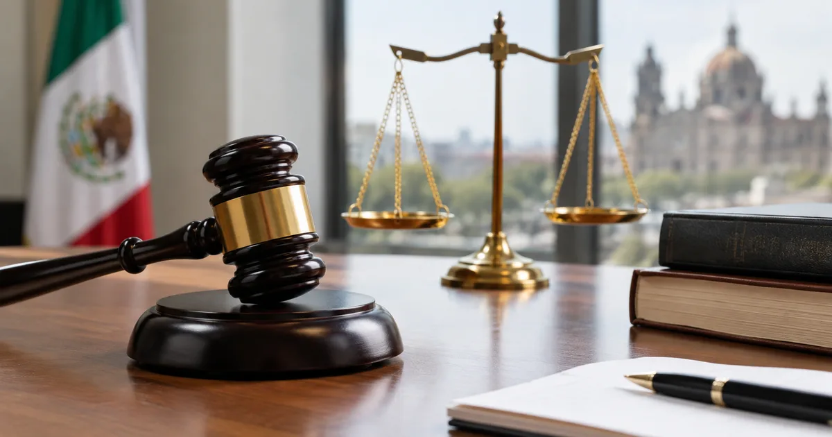 Código y mazo judicial sobre un escritorio de despacho en México