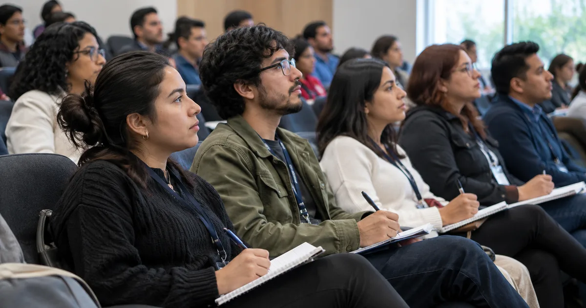 Imagen generada con IA: asistentes a un auditorio escuchando una charla, algunos tomando notas en cuadernos (escena ilustrativa con personas ficticias)