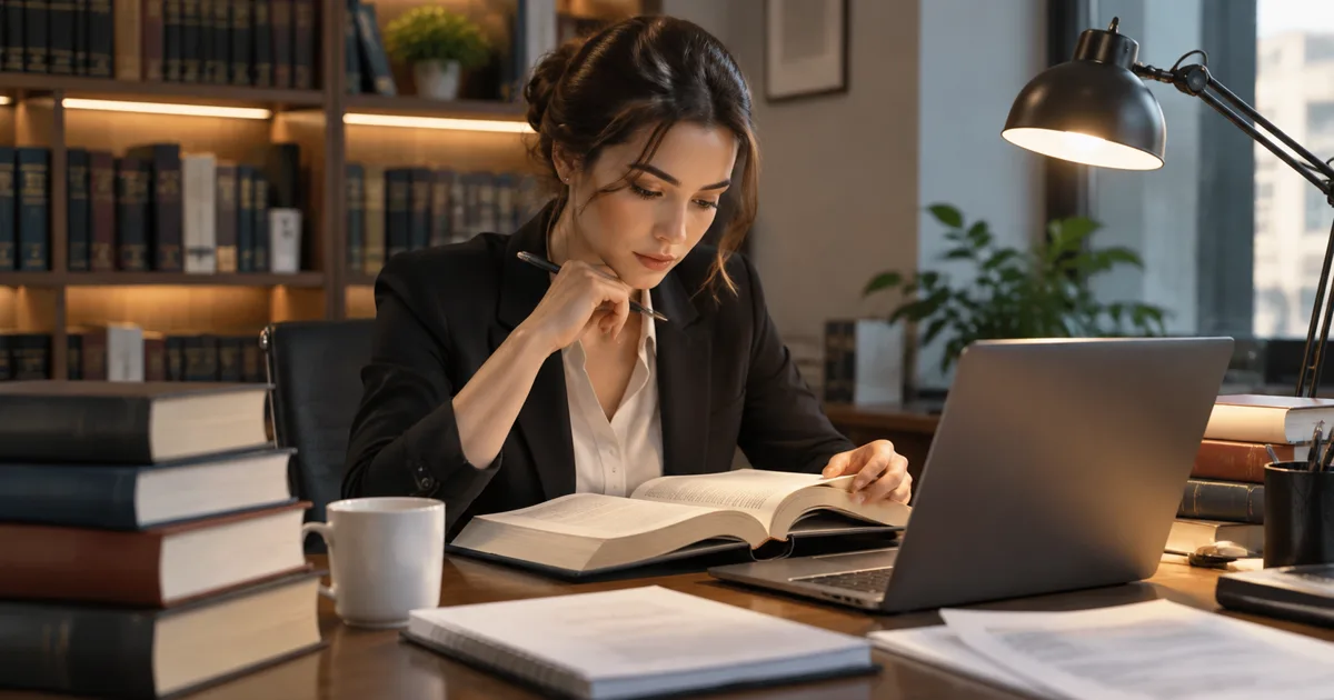 AI-generated image: lawyer reading a book beside a laptop in an office with books; illustrative scene with fictitious people