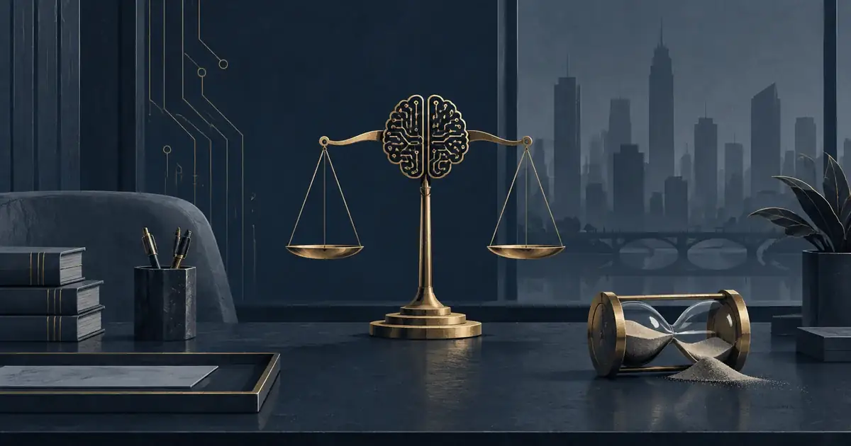 Ilustración de una balanza con un cerebro de circuitos y un reloj de arena sobre un escritorio