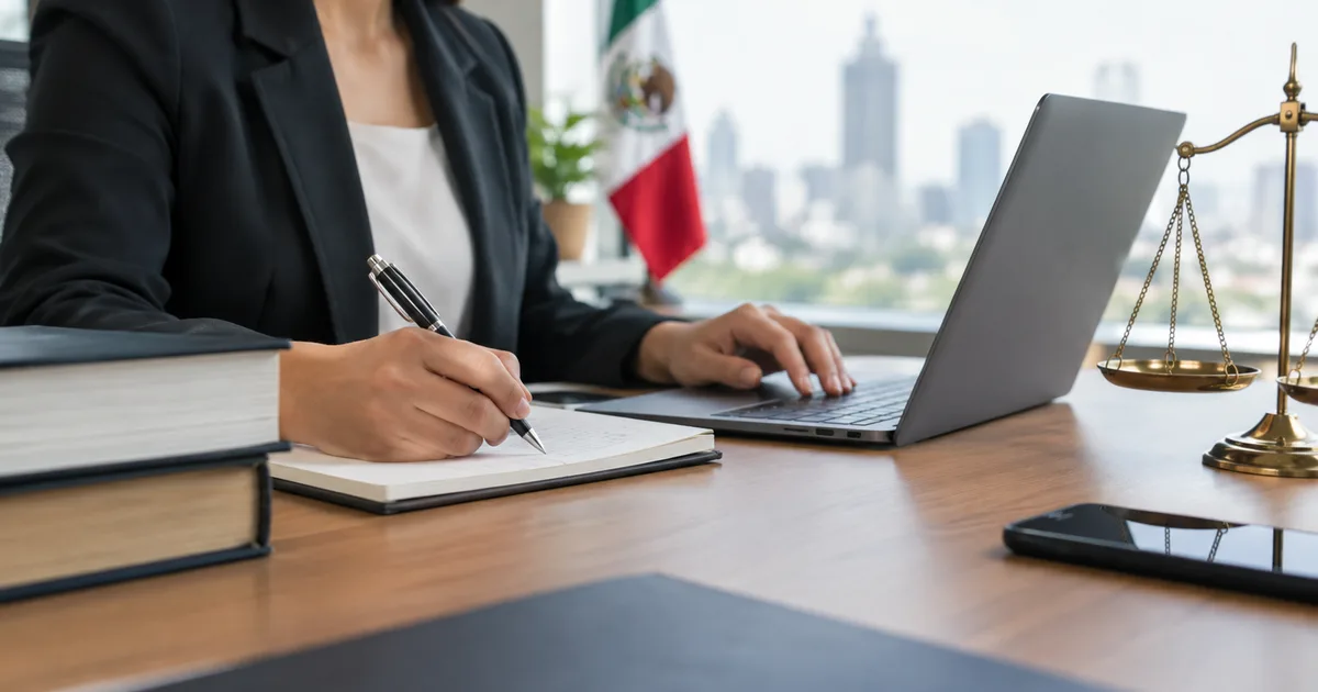 Abogada revisando un contrato en la oficina de una empresa en México