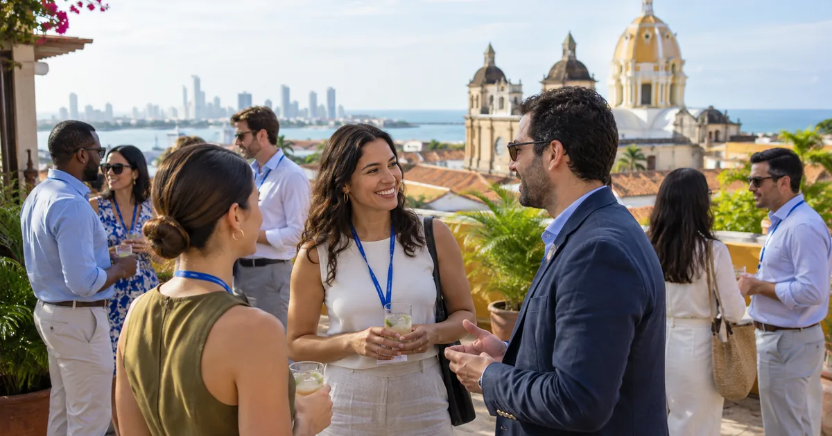 Imagen generada con IA: asistentes con acreditación conversan en una terraza con vistas a una ciudad costera (escena ilustrativa con personas ficticias)