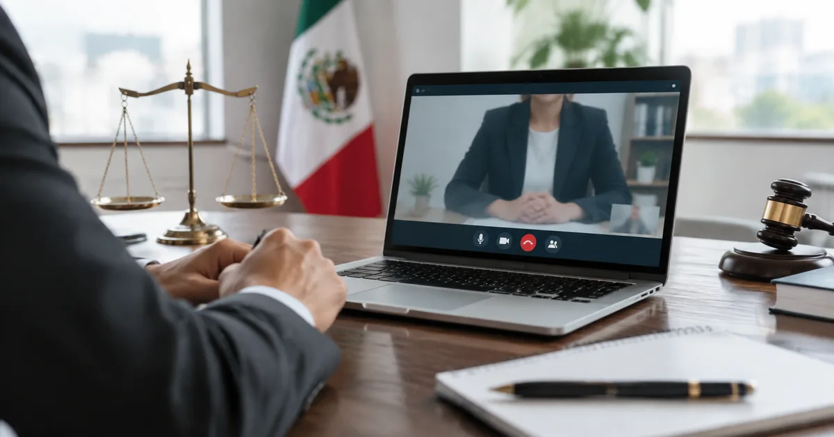 Abogado litigando por videollamada desde su oficina
