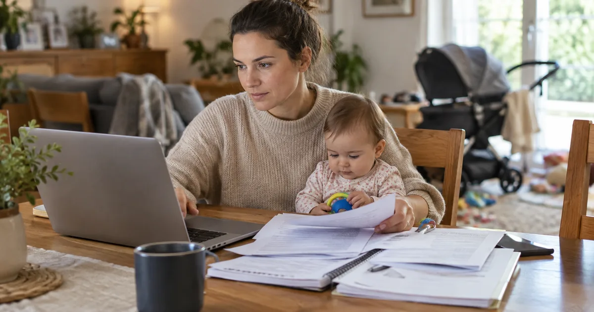 AI-generated image: woman holding a baby while working at a laptop with papers on a living-room table; illustrative scene with fictitious people