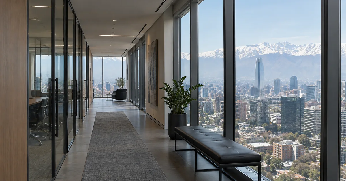 Imagen generada con IA: vista de un barrio financiero de Santiago con edificios de oficinas