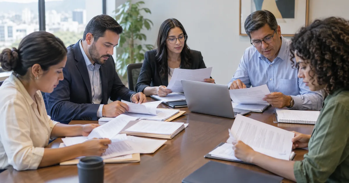 Imagen generada con IA: equipo de personas revisando documentos alrededor de una mesa de juntas (escena ilustrativa con personas ficticias)
