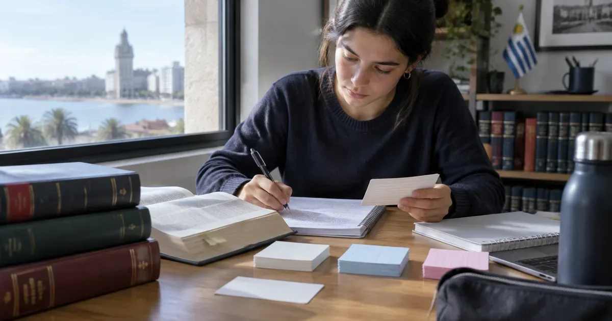 Escribano revisando documentos de postulación académica