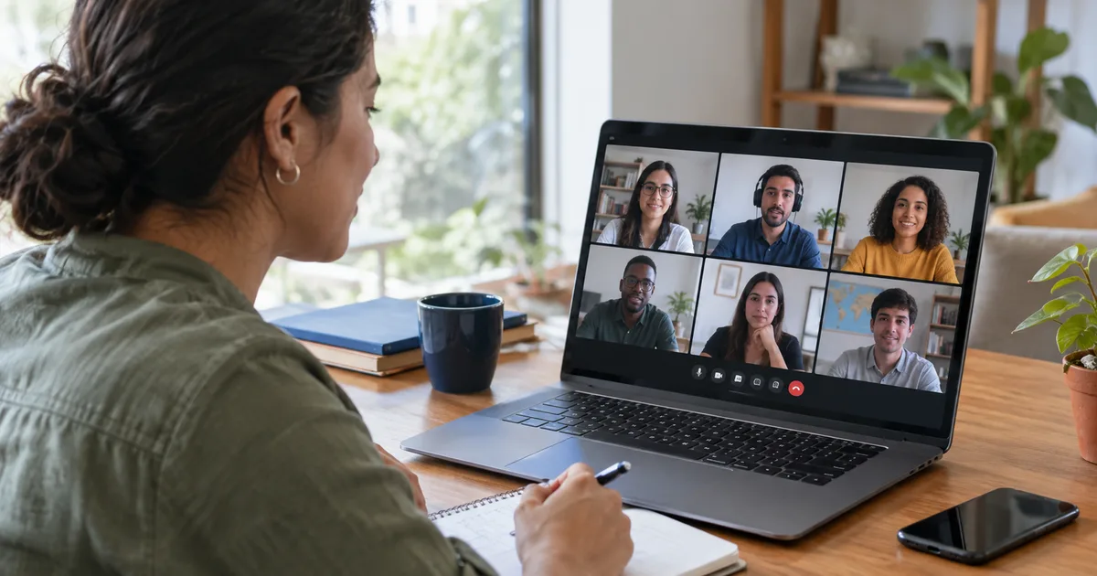 Imagen generada con IA: personas de distintos países conectadas en una videollamada de formación (escena ilustrativa con personas ficticias)