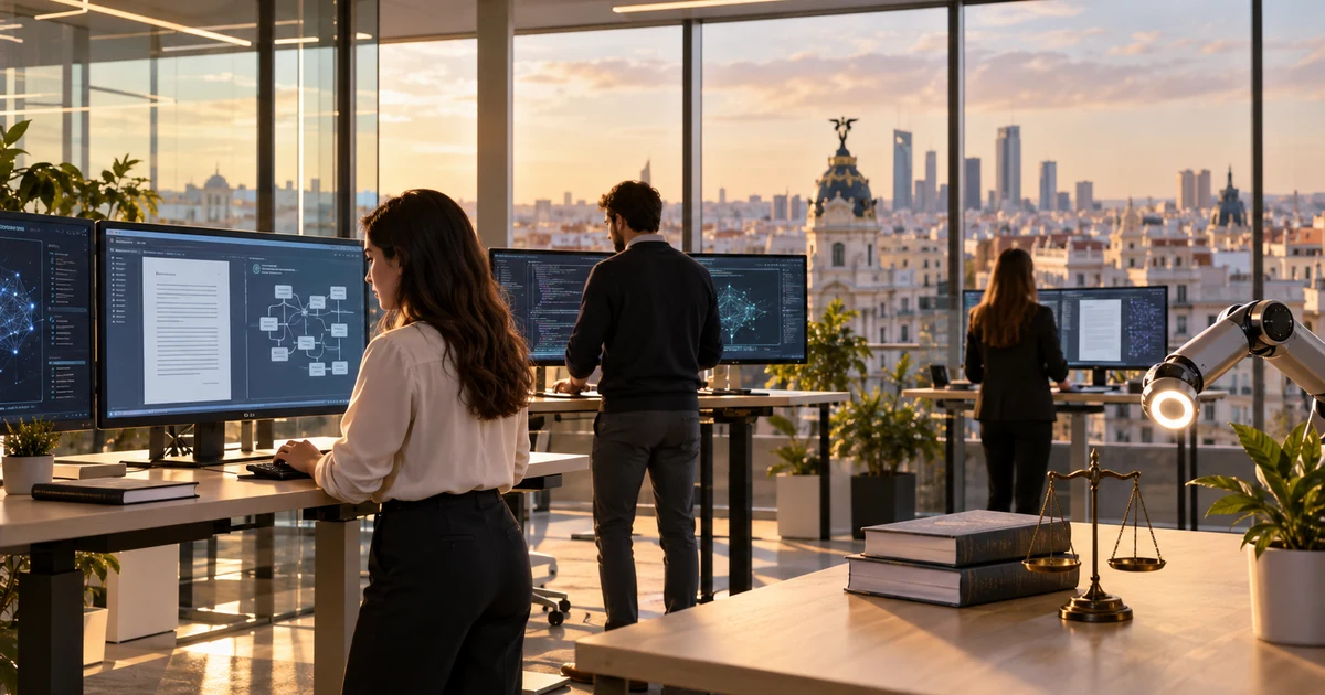 AI-generated image: an innovation centre with professionals at screens and the Madrid skyline in the background