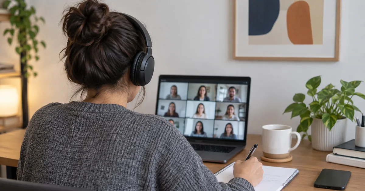 AI-generated image: lawyer wearing headphones following a workshop by video call; illustrative scene with fictitious people