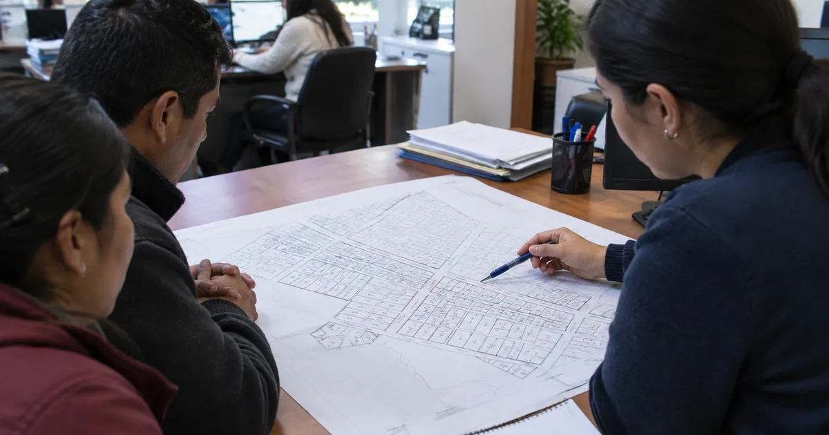 Imagen generada con IA: mapa catastral impreso con líneas de predios sobre el escritorio de una oficina pública