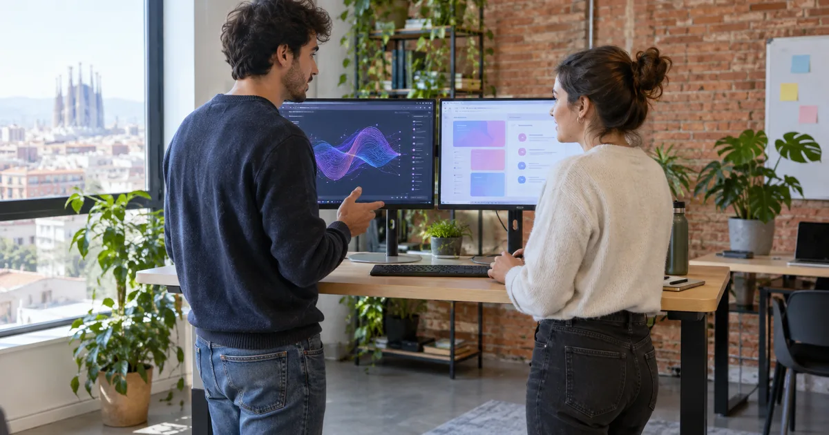 AI-generated image: two professionals standing at two monitors showing charts in a bright office overlooking a city; illustrative scene with fictitious people