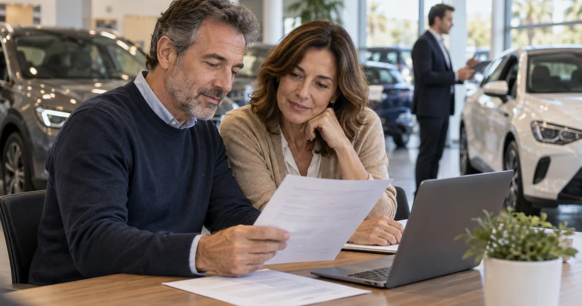 Imagen generada con IA: personas mirando coches nuevos en un concesionario y comparando precios