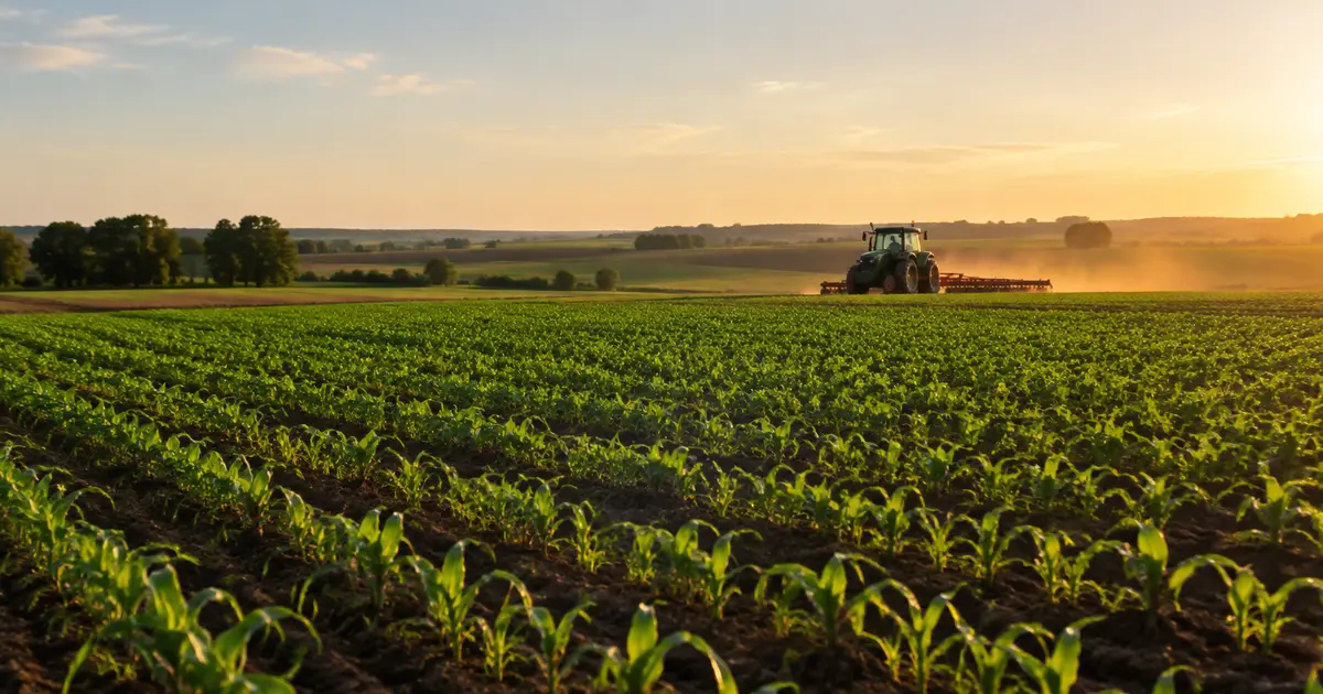 Imagen generada con IA: campo cultivado con maquinaria agrícola a lo lejos