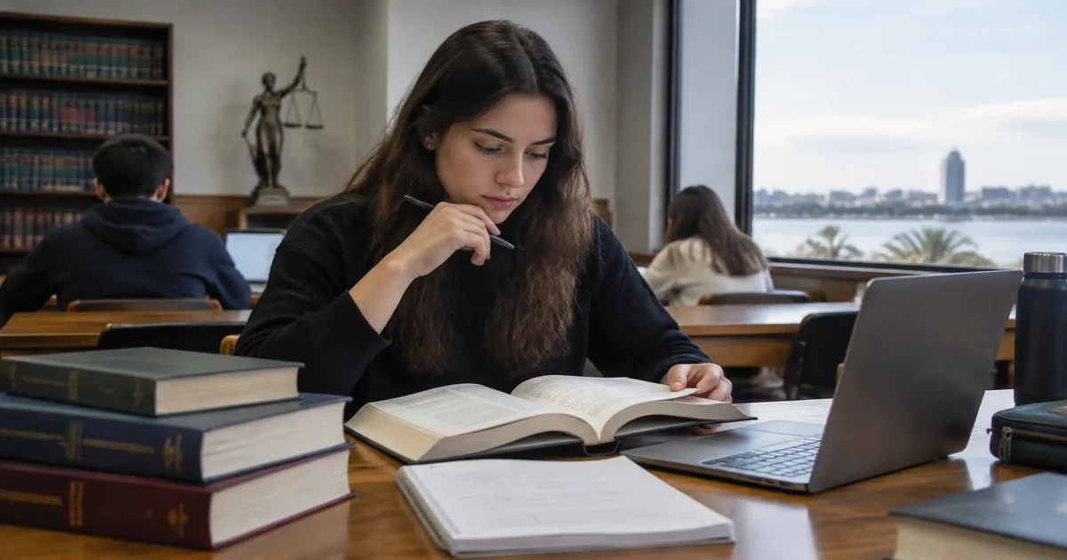 Libro de doctrina jurídica abierto con notas al margen y marcadores