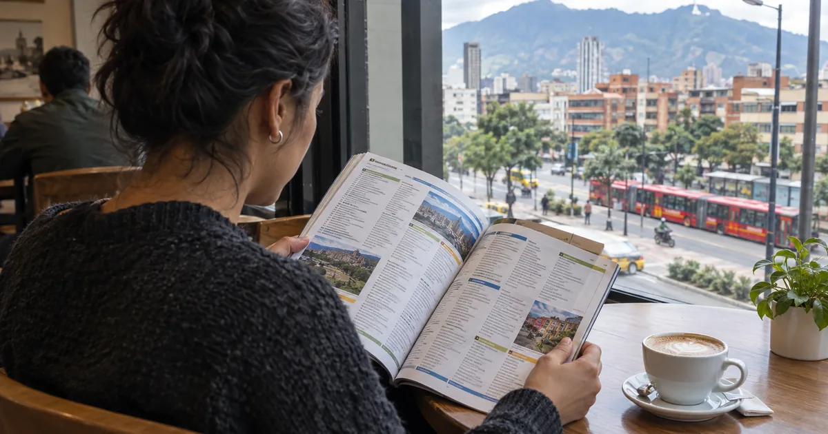 Imagen generada con IA: una mujer lee una revista abierta en una cafetería junto a una ventana con vistas a la ciudad (escena ilustrativa con personas ficticias)