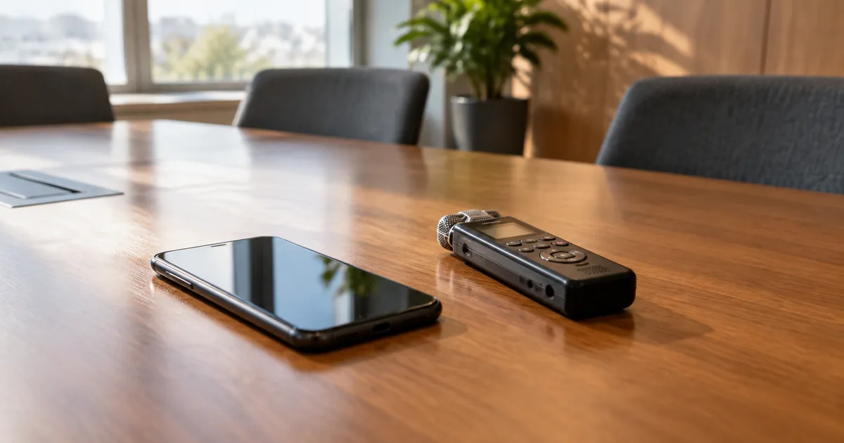 Imagen generada con IA: teléfono y grabadora sobre una mesa de reuniones vacía