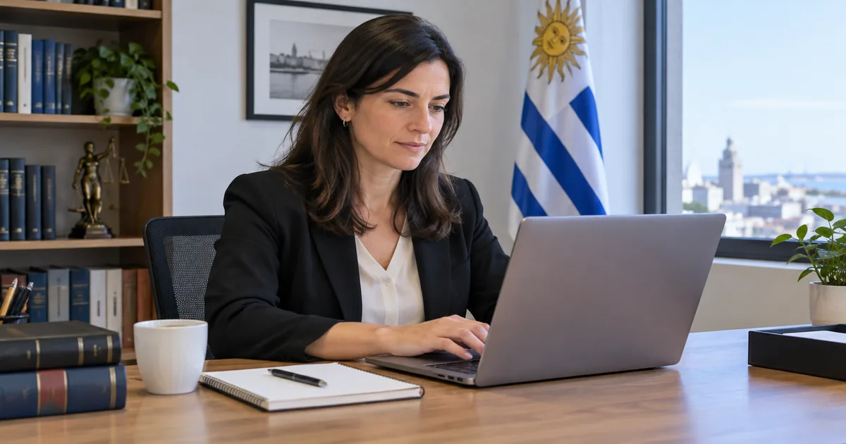 Abogada trabajando con su portátil en un estudio con bandera de Uruguay