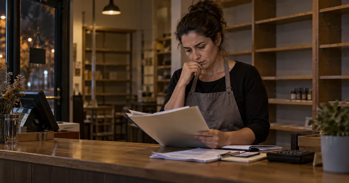 Imagen generada con IA: empresaria con delantal revisando documentos en su negocio; escena ilustrativa con personas ficticias