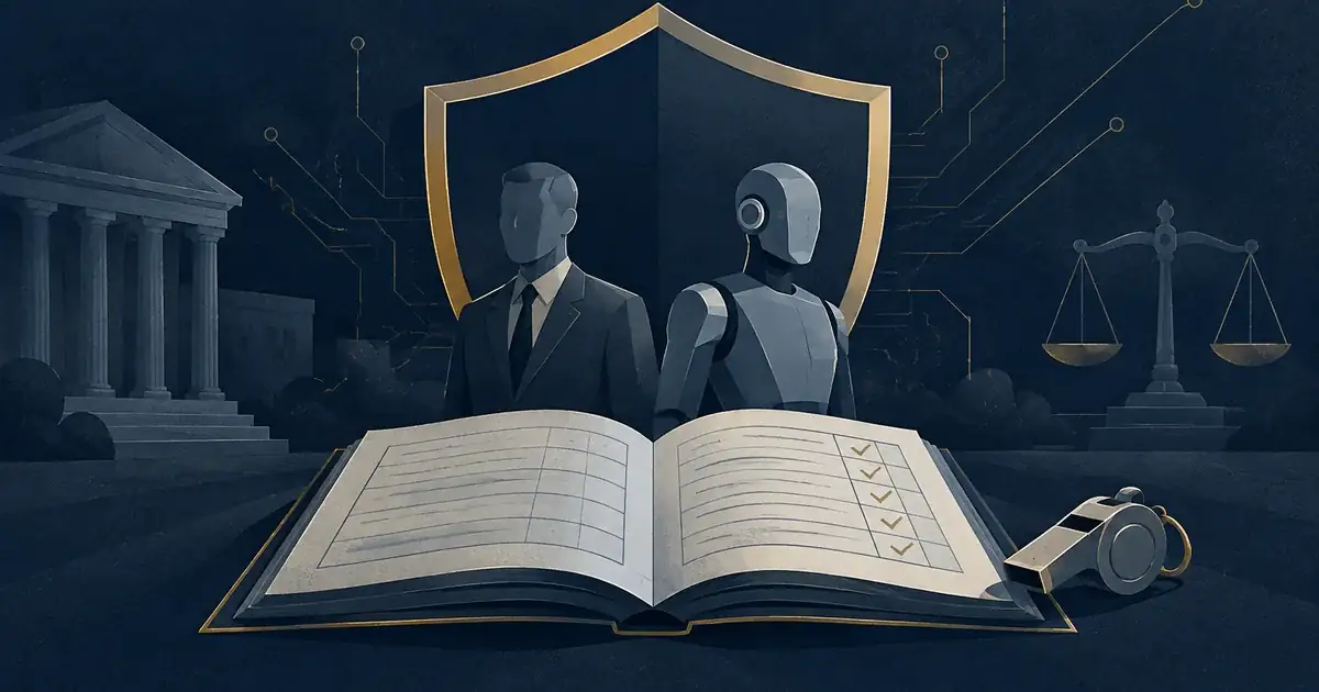 Ilustración de un escudo que protege a una persona y a un robot sin rostro ante un libro de registro abierto