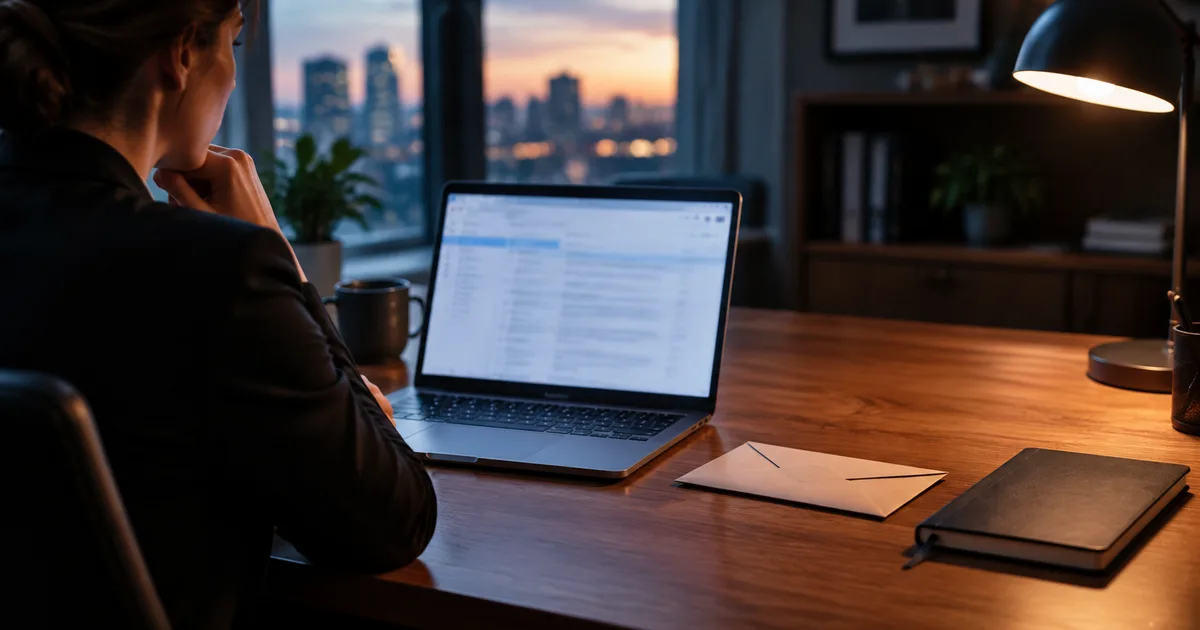 AI-generated image: woman in profile at a laptop showing an email list, with an envelope and a notebook on the desk at dusk; illustrative scene with fictitious people