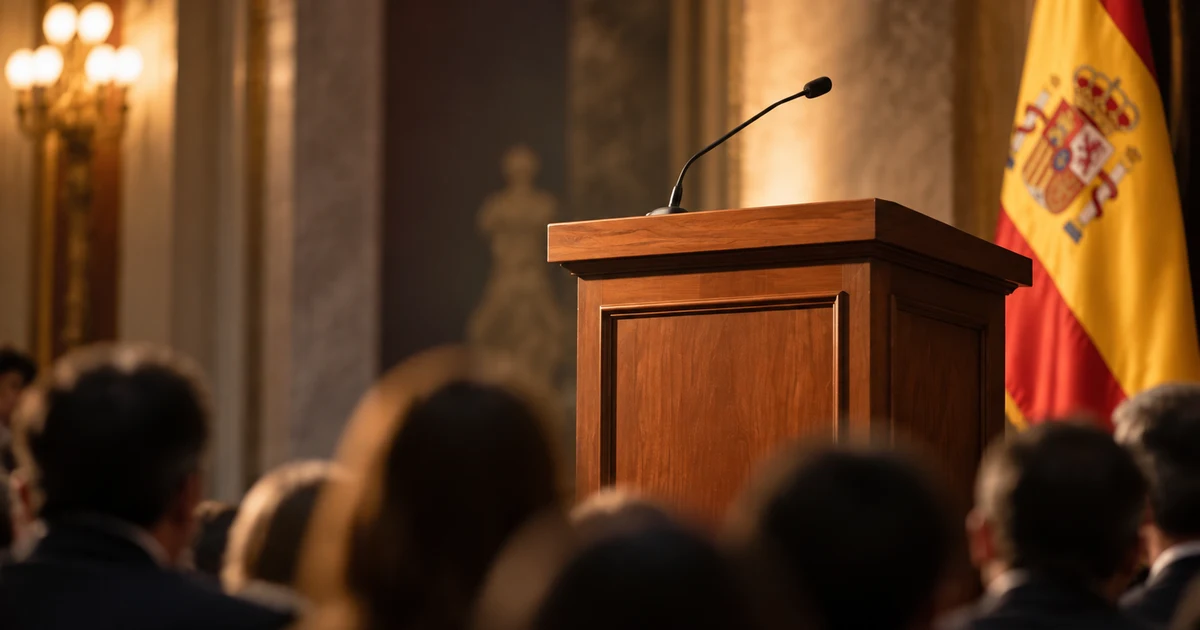 AI-generated image (illustration, not a real photo of the event): a lectern with a microphone on a stage with the Spanish flag