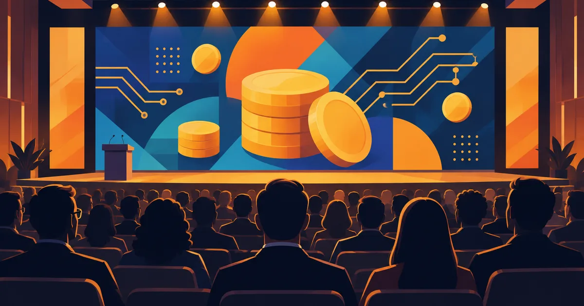 AI-generated image: illustration of a conference stage with an audience seen from behind and a screen showing coins and circuit lines; illustrative scene with fictitious people