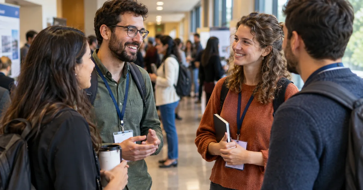 Imagen generada con IA: asistentes conversando en el pasillo de un congreso académico (escena ilustrativa con personas ficticias)
