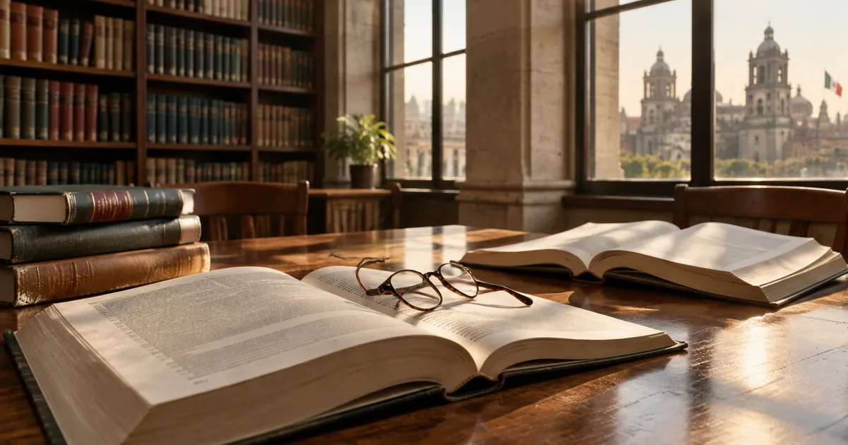 Imagen generada con IA: dos libros de leyes abiertos sobre una mesa de lectura