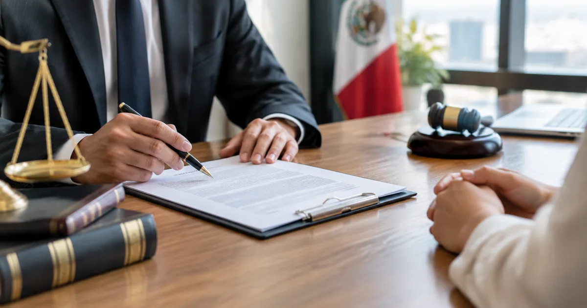 Abogado y cliente revisando un contrato de servicios en un despacho