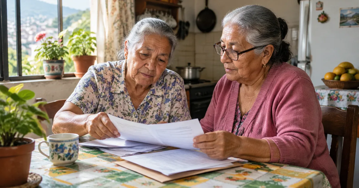 Imagen generada con IA: dos mujeres mayores revisan documentos juntas en la mesa de una cocina (escena ilustrativa con personas ficticias)