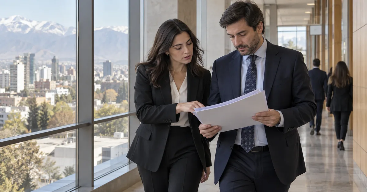 Imagen generada con IA: dos abogados revisan un expediente en el pasillo de un edificio judicial moderno con vista a la ciudad y la cordillera (escena ilustrativa con personas ficticias)