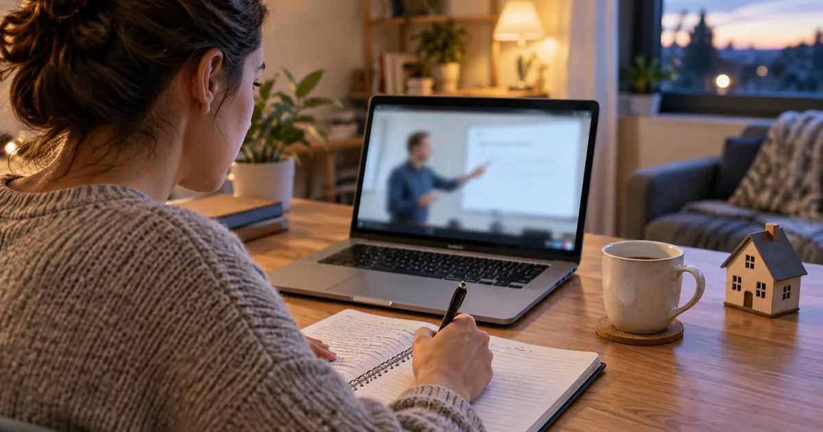 AI-generated image: woman taking notes at a laptop showing a video lecture, next to a miniature house and a cup; illustrative scene with fictitious people