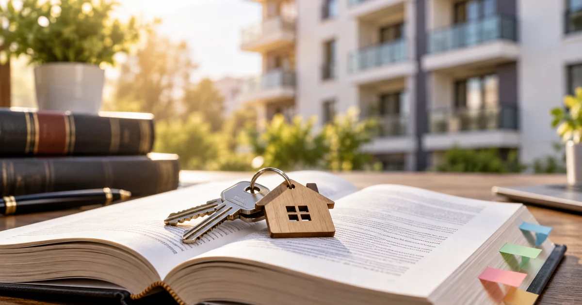 AI-generated image: keys with a small house keyring on an open textbook