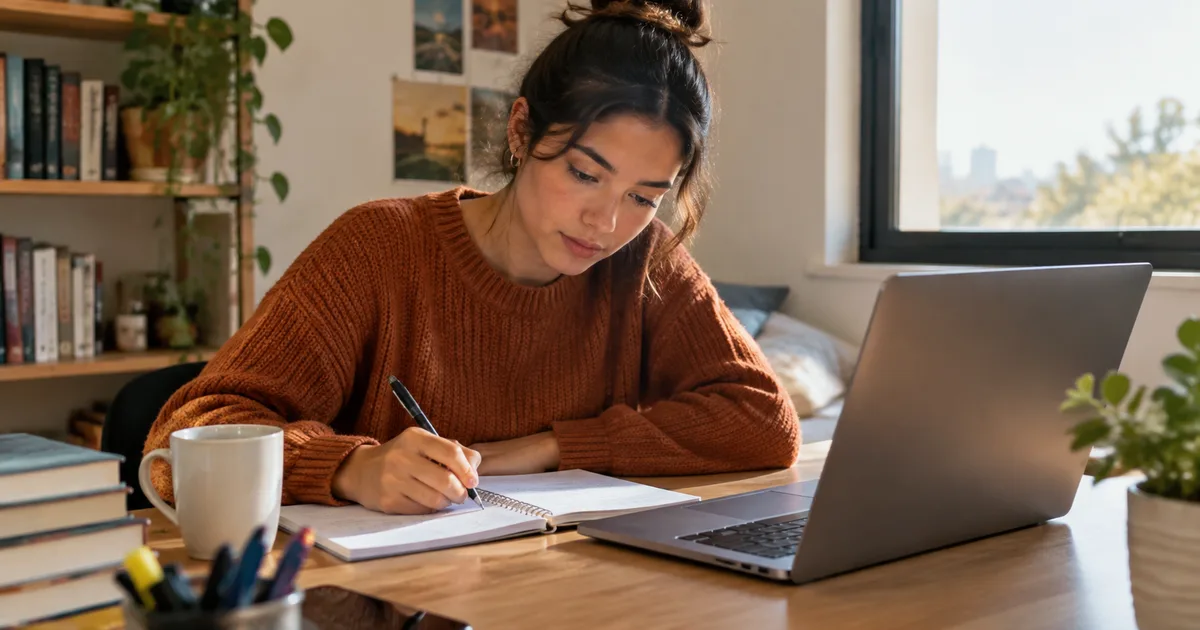 Imagen generada con IA: persona estudiando con una laptop y una libreta en un escritorio (escena ilustrativa con personas ficticias)