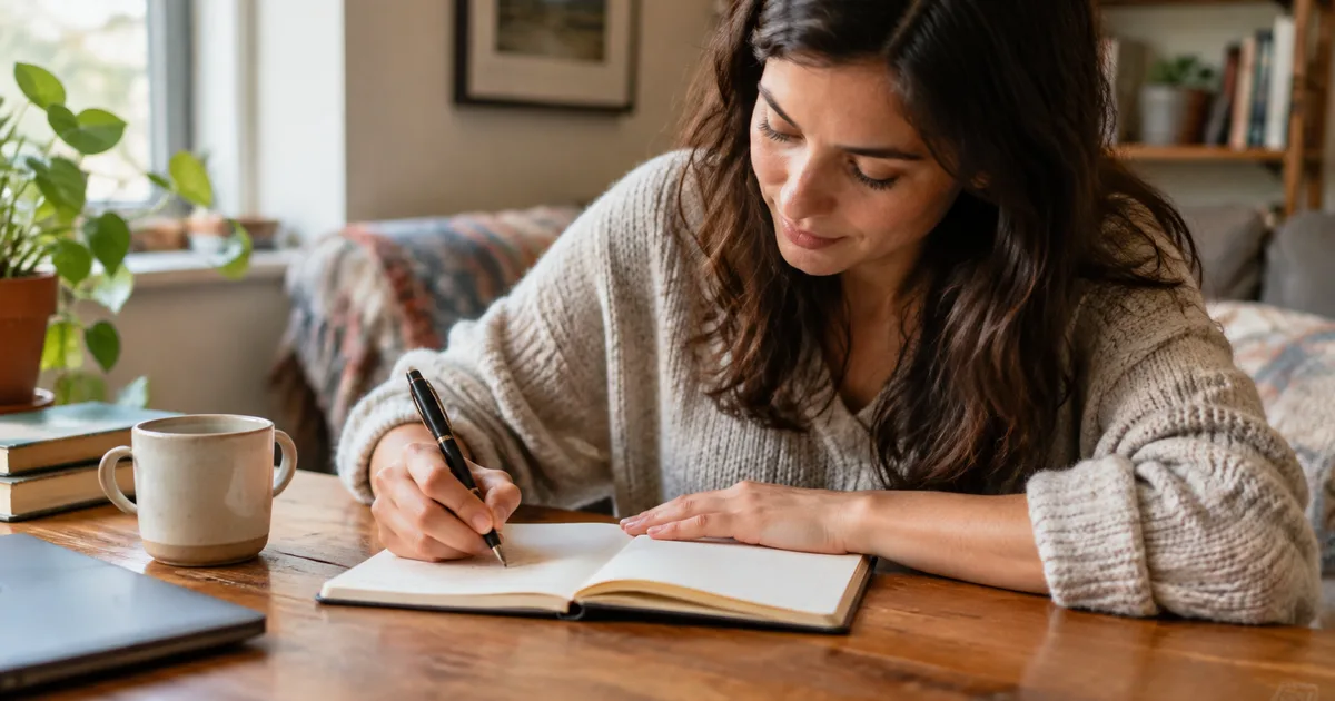 Imagen generada con IA: persona escribiendo a mano en un cuaderno sobre una mesa (escena ilustrativa con personas ficticias)