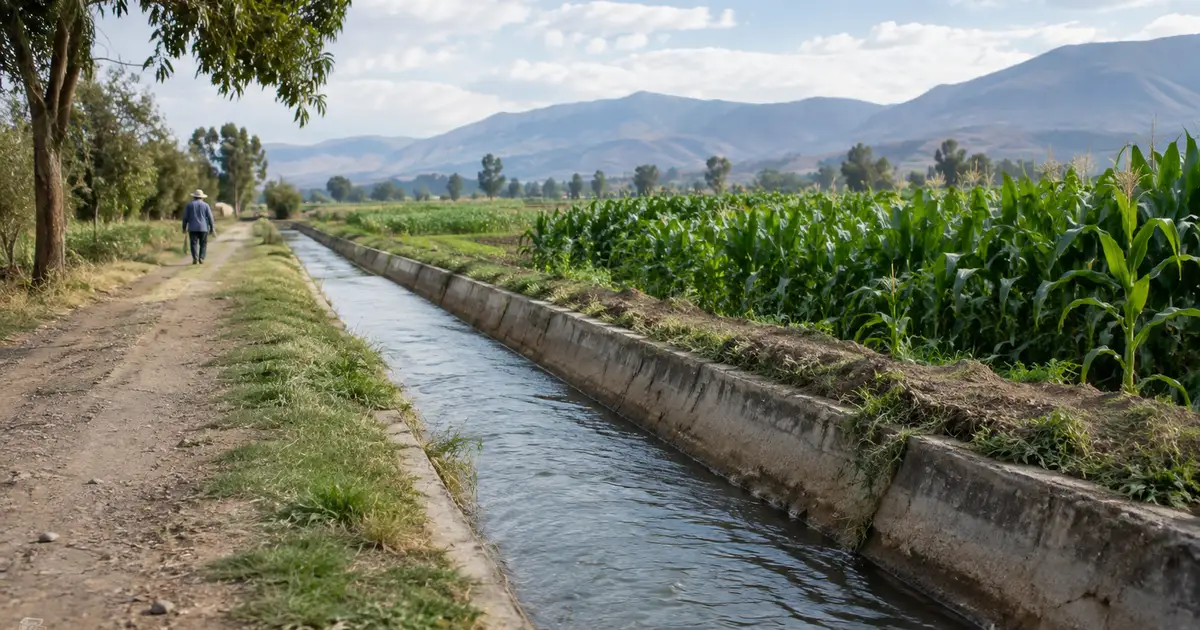 Imagen generada con IA: canal de riego entre cultivos visto desde un camino rural