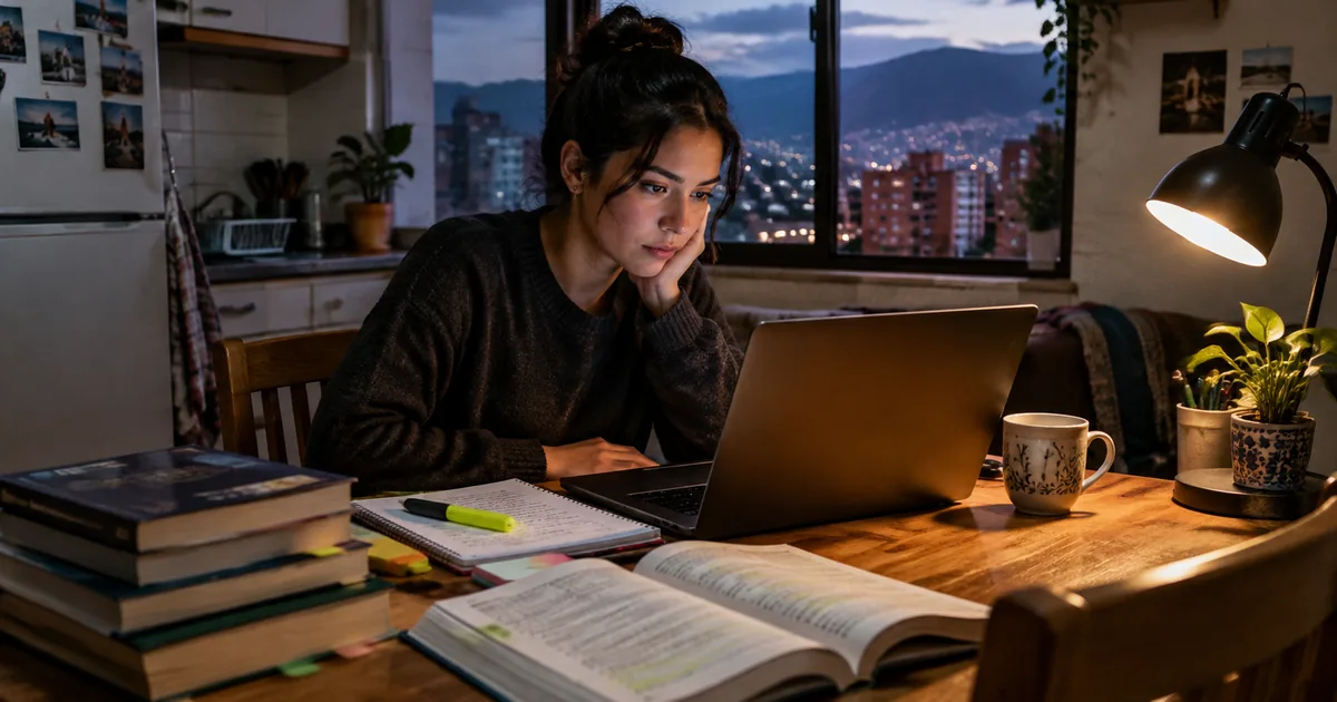 Imagen generada con IA: una estudiante lee junto a un portátil y varios libros en una mesa iluminada por una lámpara (escena ilustrativa con personas ficticias)