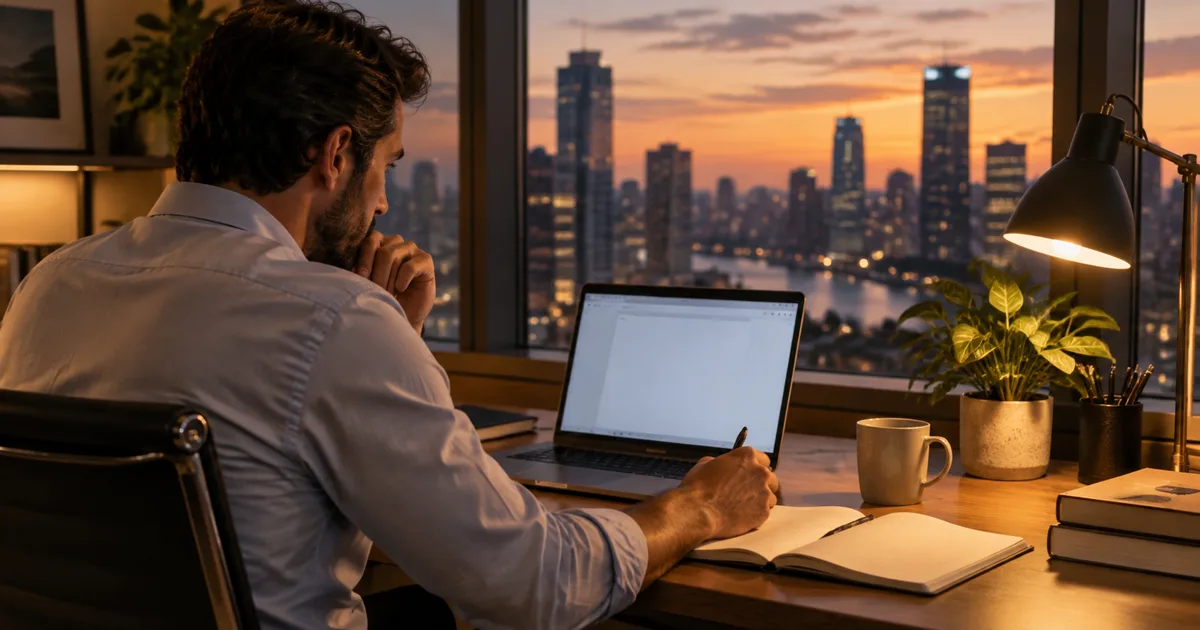 AI-generated image: lawyer writing in front of a laptop at sunset; illustrative scene with fictitious people