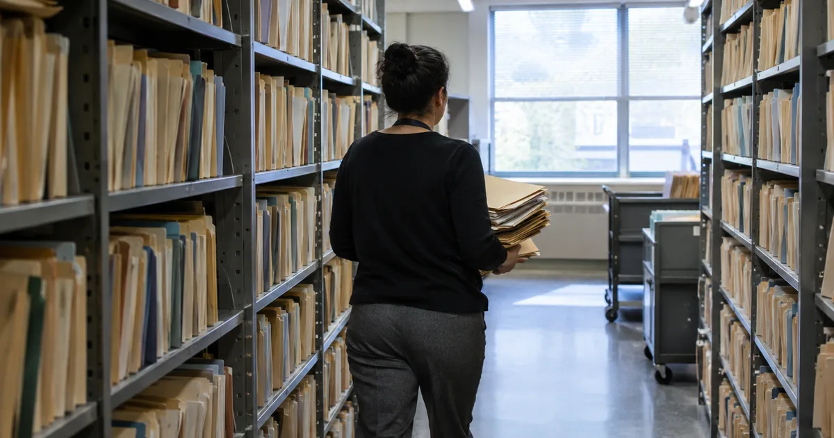 Imagen generada con IA: mujer de espaldas con carpetas en un archivo con estanterías llenas de expedientes; escena ilustrativa con personas ficticias