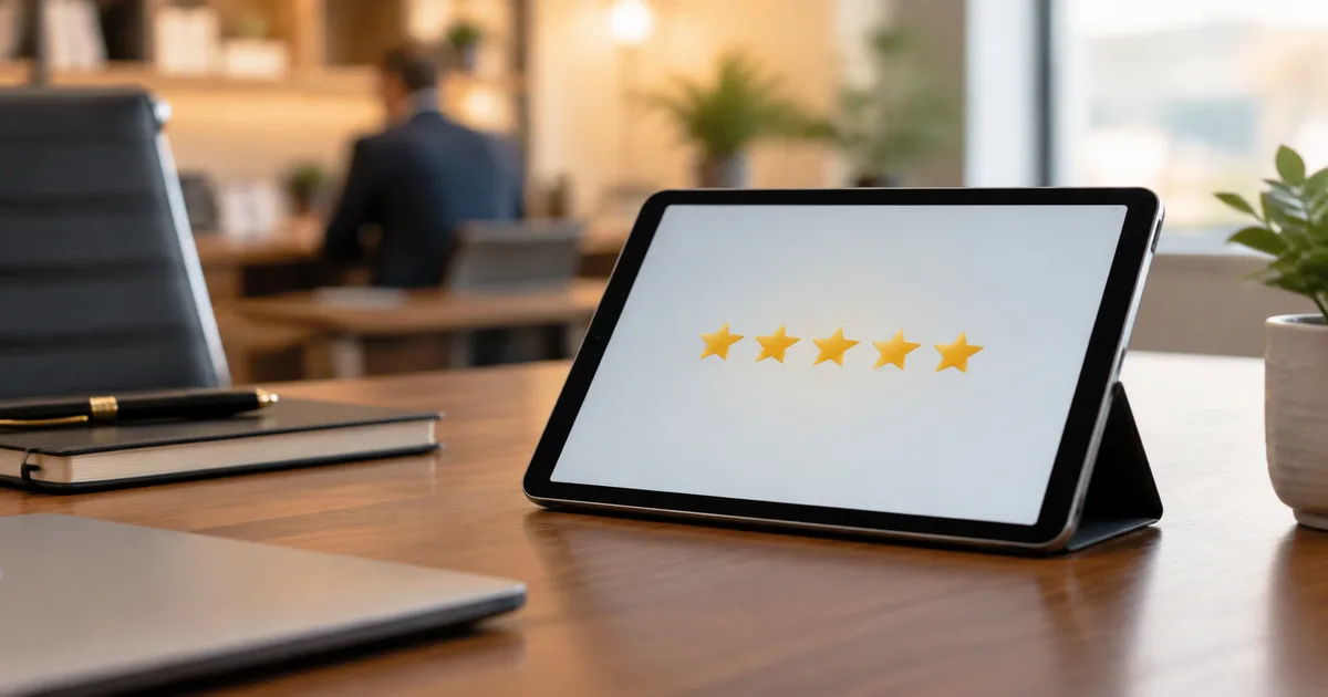 Tablet mostrando una breve encuesta de satisfacción en una oficina