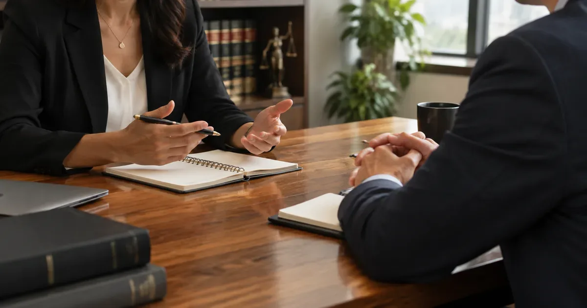 Dos personas conversando en una sala de juntas durante una entrevista