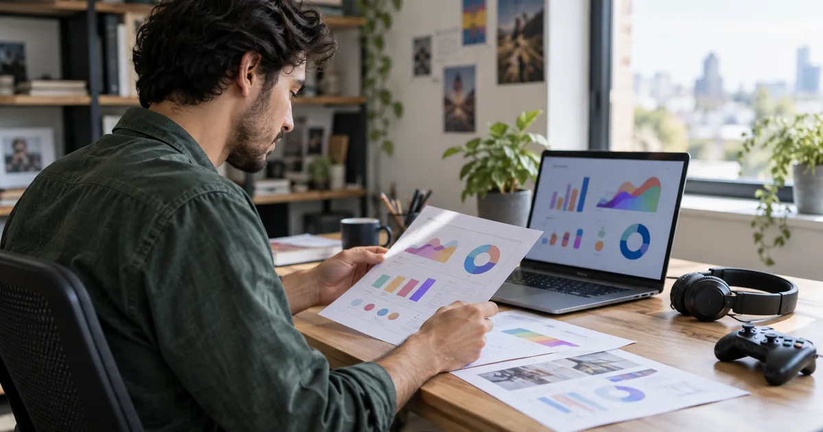 AI-generated image: man reviewing printed charts beside a laptop showing charts, with headphones and a game controller; illustrative scene with fictitious people