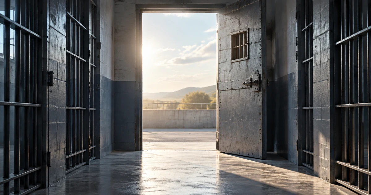 Imagen generada con IA: la puerta de una prisión abierta hacia la luz del exterior