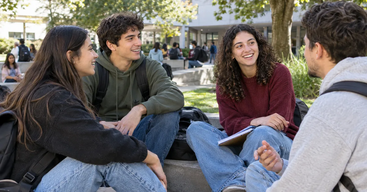 Imagen generada con IA: estudiantes conversando en el patio de una universidad pública (escena ilustrativa con personas ficticias)