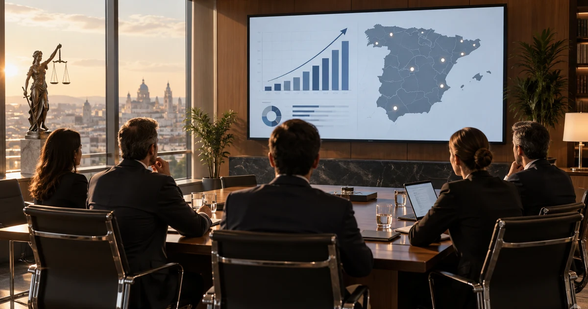 Imagen generada con IA: reunión de socios ante una pantalla con un gráfico de crecimiento y un mapa de España